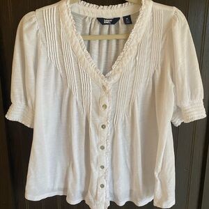Lands' End White Button-Front Women's Pintuck Puff Sleeve Size Medium